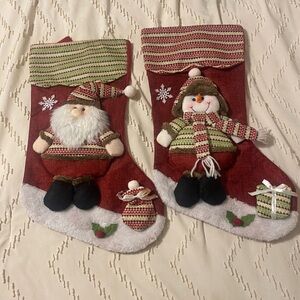 Vintage 90s Festive Red Christmas Stockings with Santa and Snowman